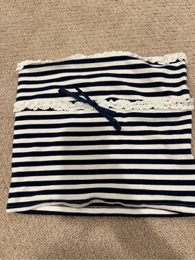 Edikted Navy and White Striped Lace-Trim Tube Crop Top